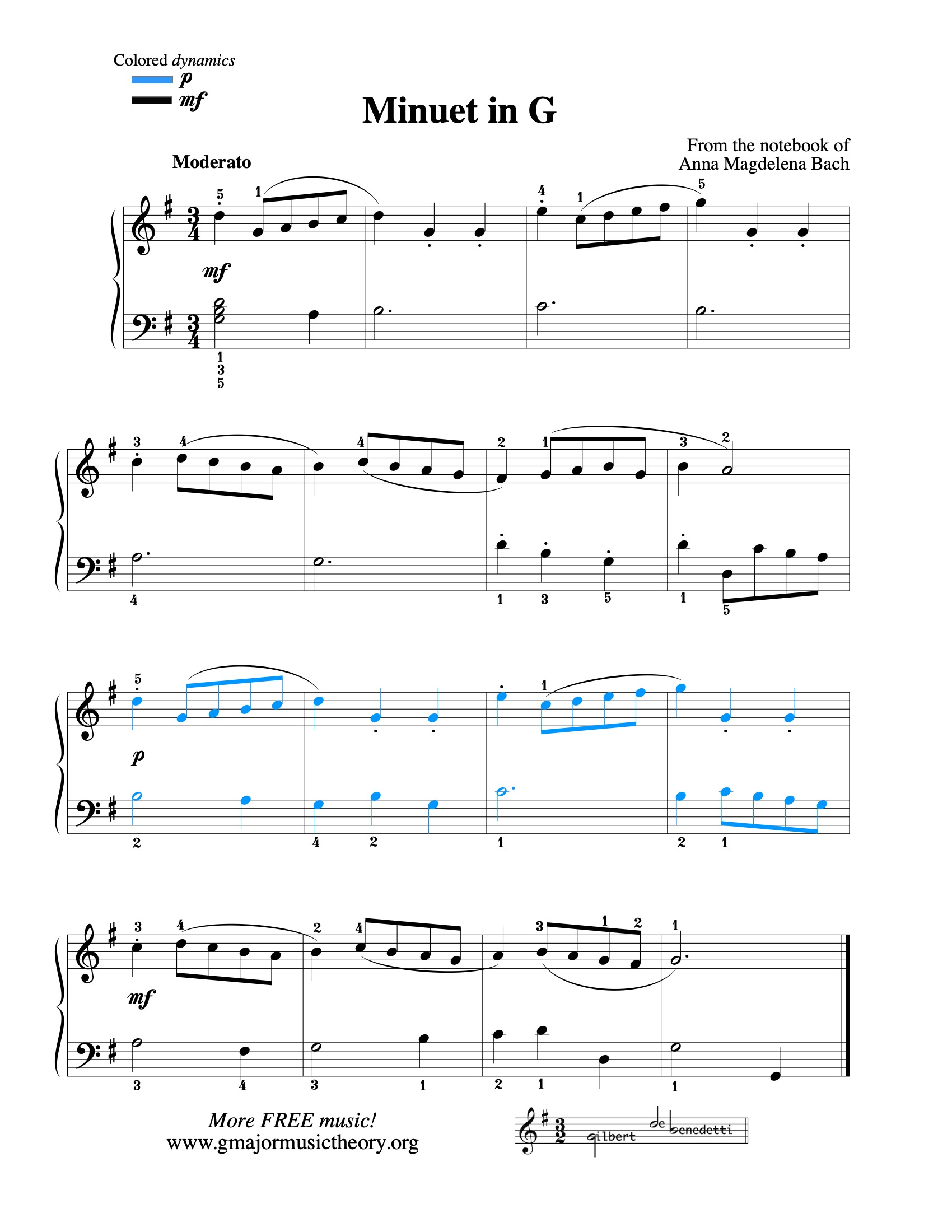 Minuet in G --From Notebook of A.M. Bach. Complete piece in Intermediate Level 1. sheet music (color-coded)