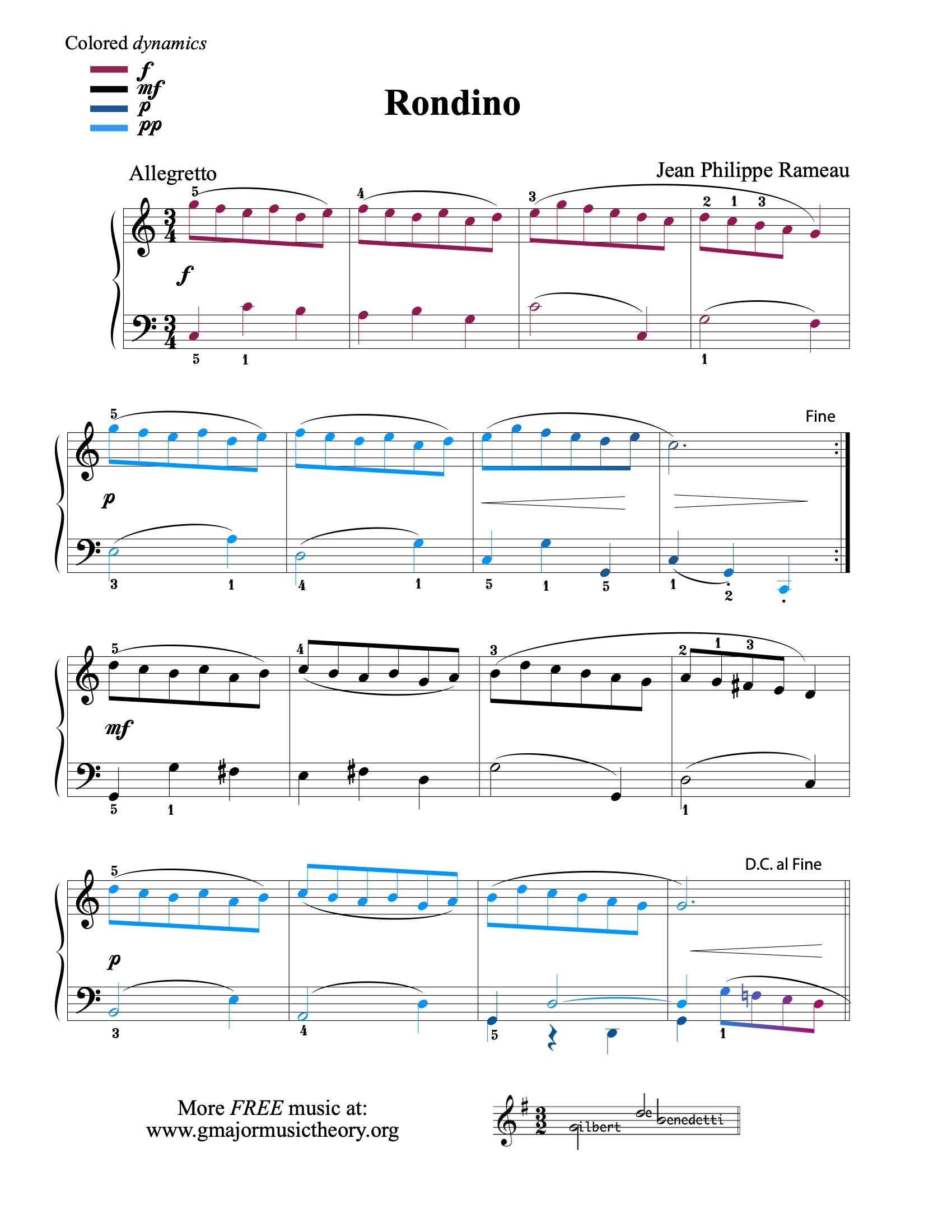 Rondino --by Rameau sheet music (color-coded)