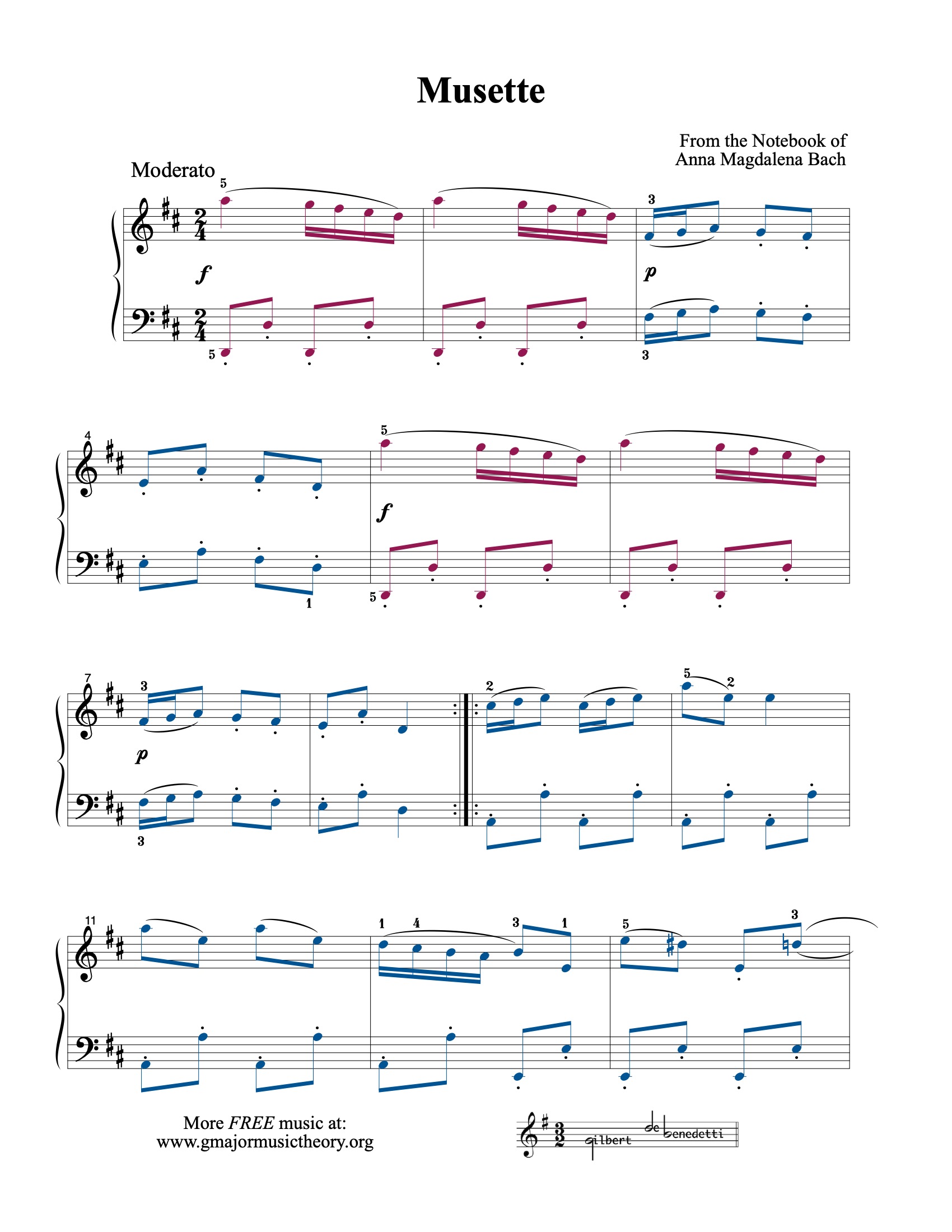 Musette sheet music — page 1 (color-coded)