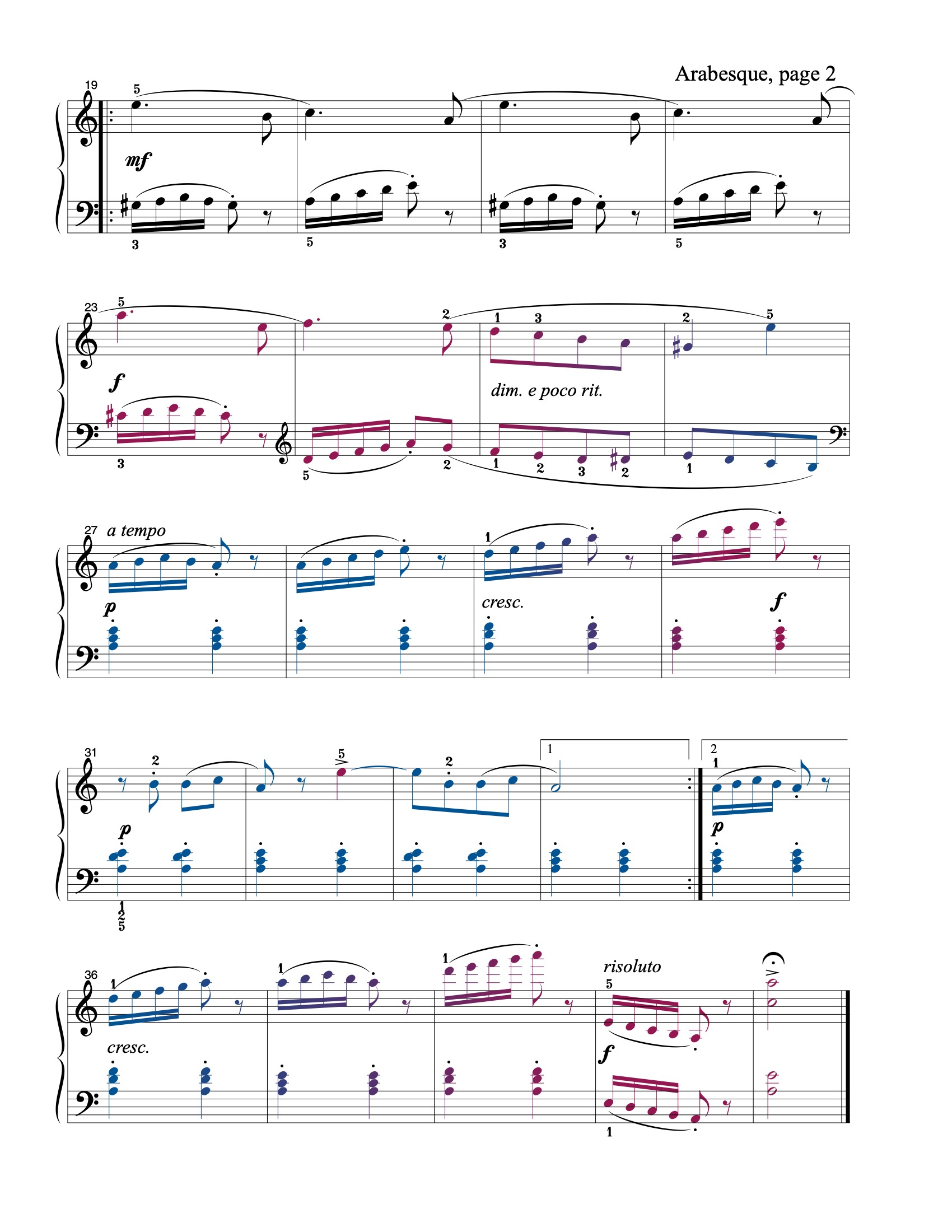 Arabesque sheet music — page 2 (color-coded)
