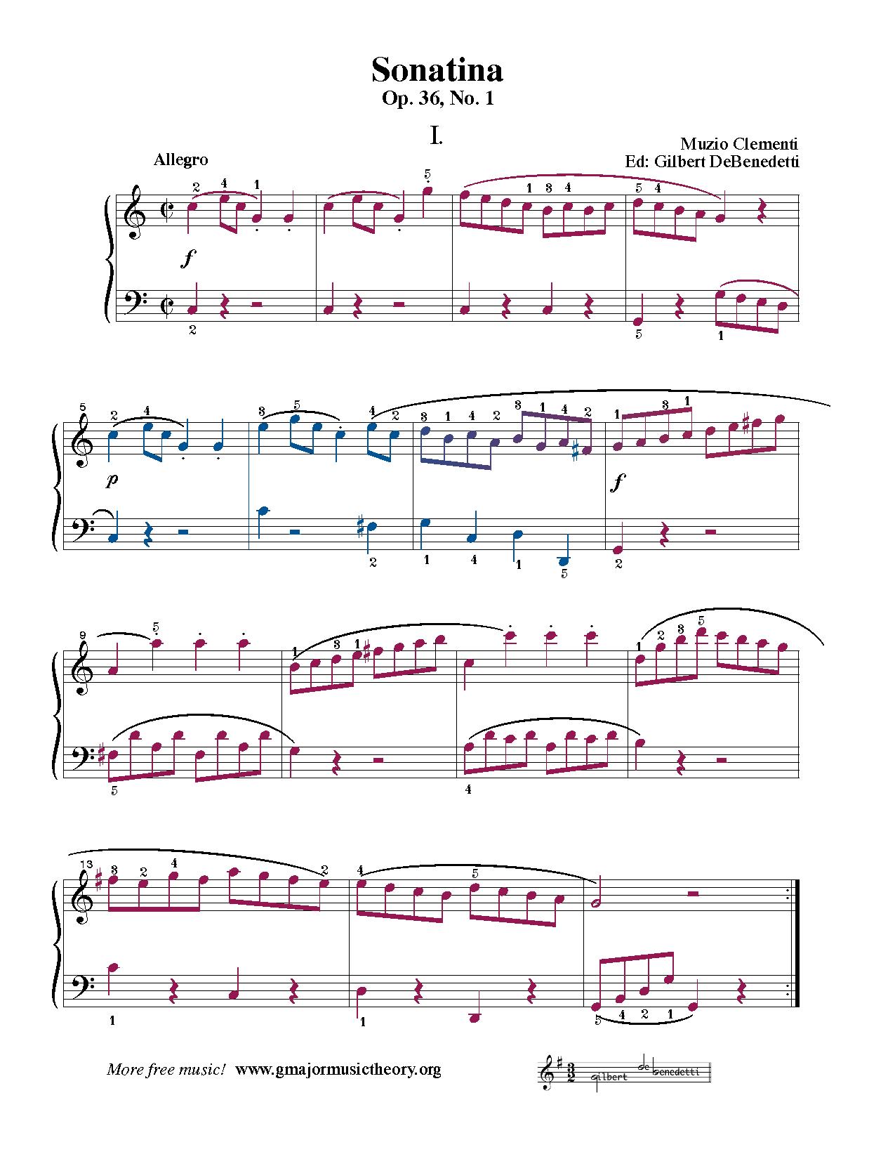 Sonatina Op. 36, No. 1 sheet music — Movement I (color-coded)