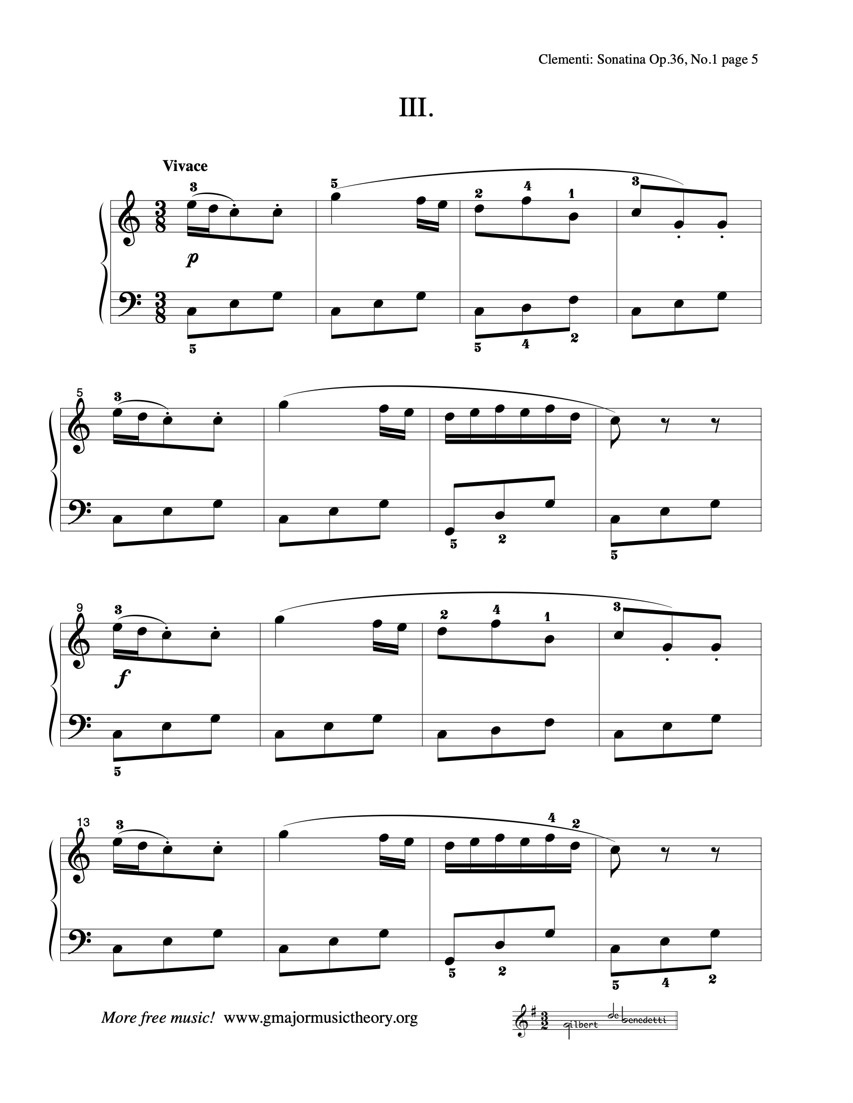 Sonatina Op. 36, No. 1 sheet music — Movement III (color-coded)
