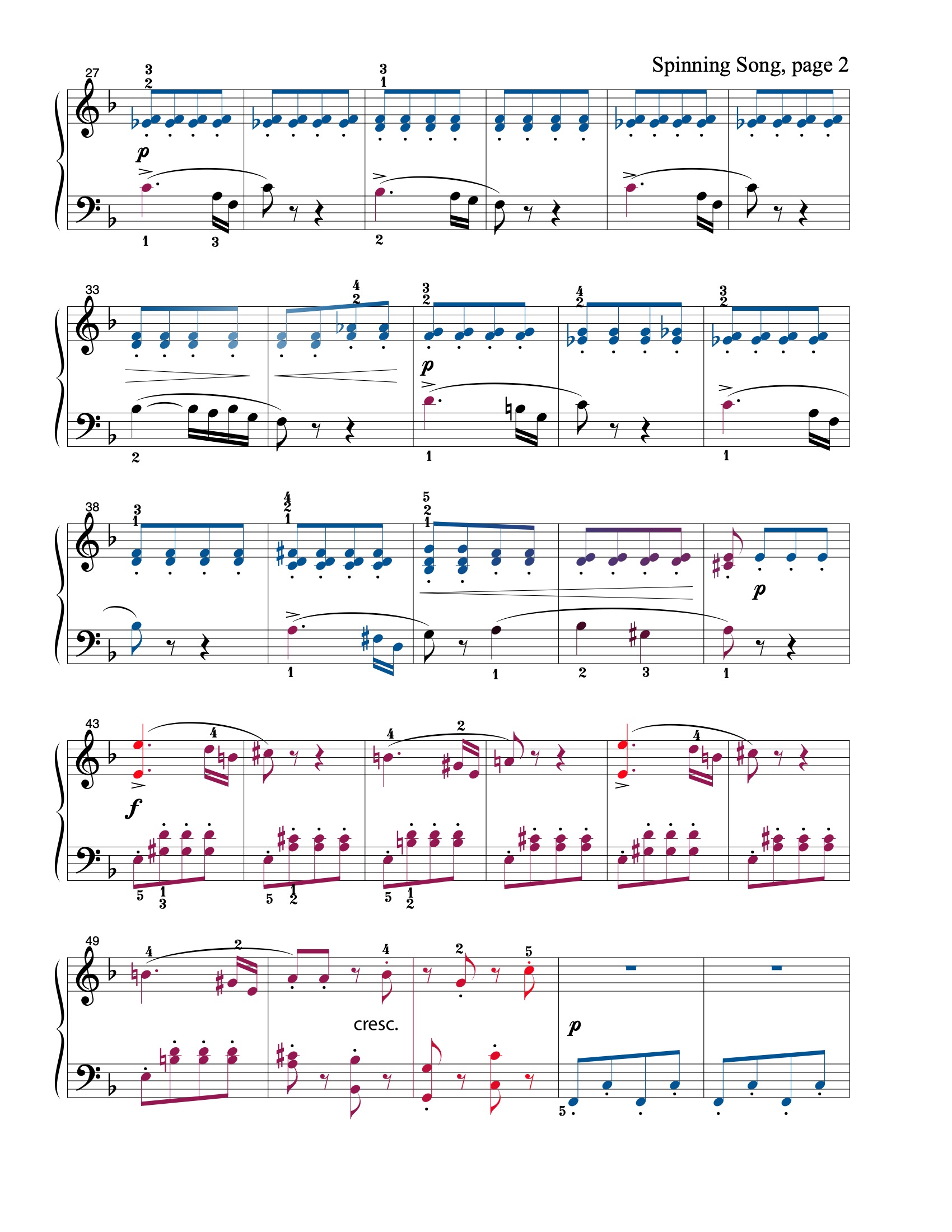 Spinning Song sheet music — page 2 (color-coded)