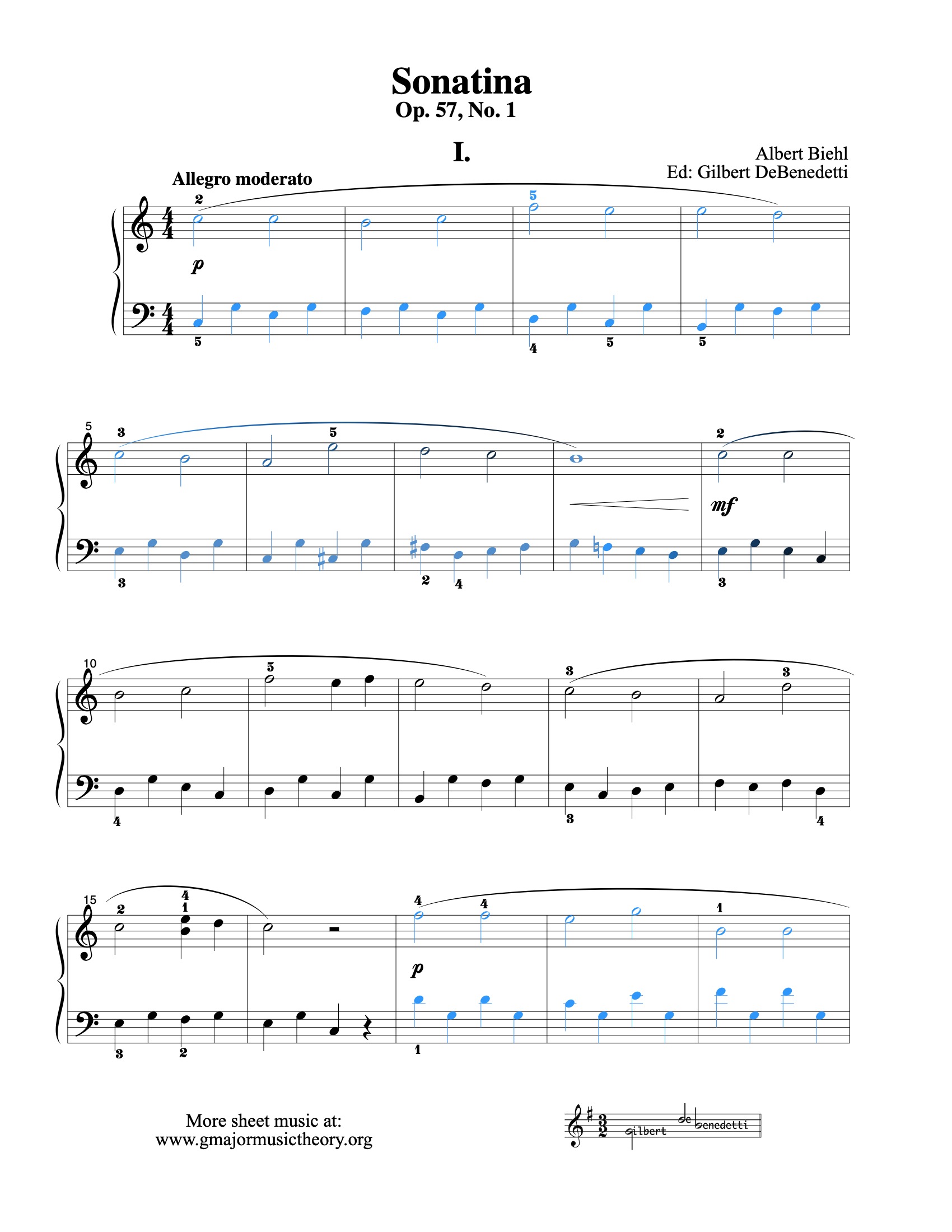 Sonatina in C, Op.57 No.1 sheet music — Movement I (color-coded)
