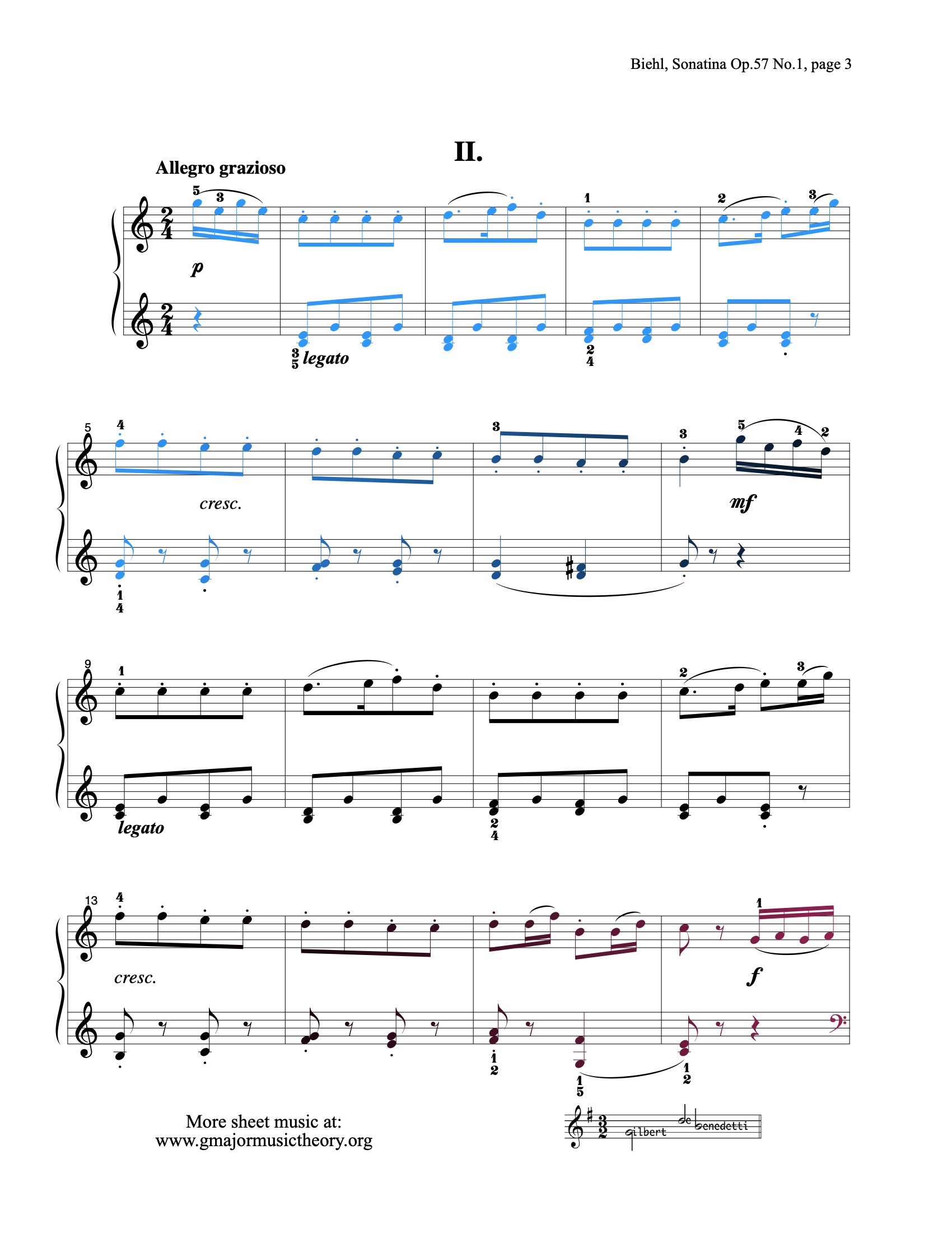 Sonatina in C, Op.57 No.1 sheet music — Movement II (color-coded)
